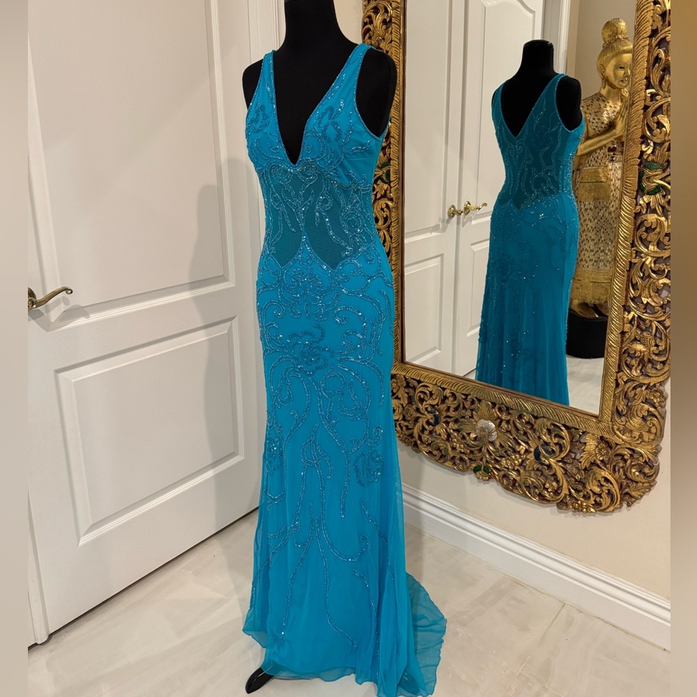 Elegant turquoise blue evening, hand‎ beaded Attitudes by Debra Evening Gown